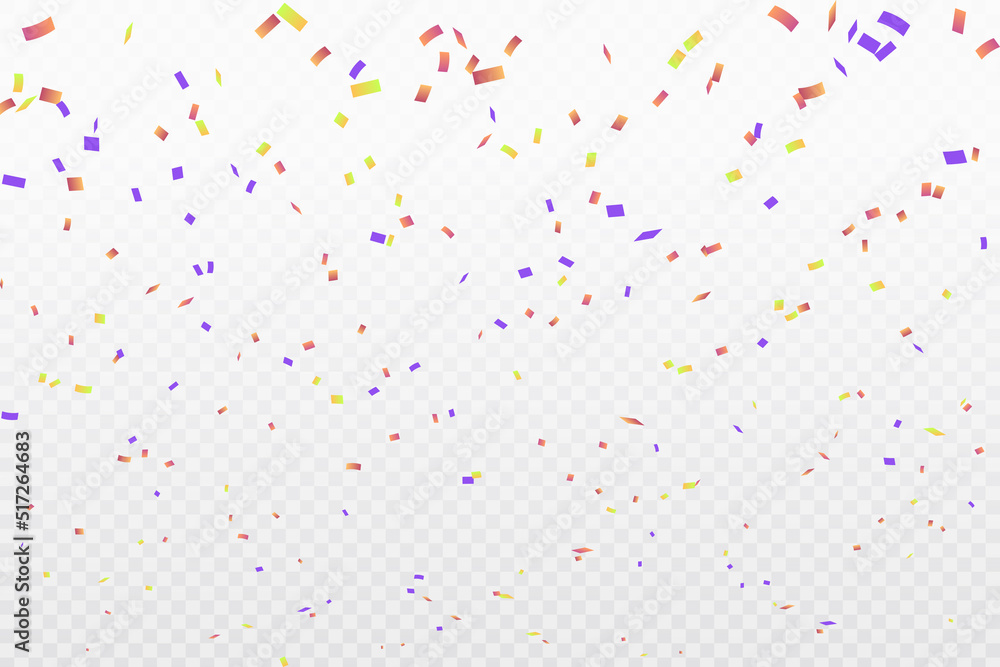 Poster Celebration or festival colorful background template with falling paper confetti and ribbons. Vector illustration isolated on transparent background