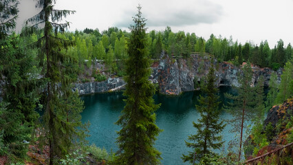Obraz na płótnie Canvas Marble canyon in the mountain park of Ruskeala, Karelia, Russia, panoramic view of the most tourist place of Karelia, high resolution