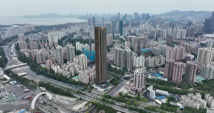 Shenzhen, China, Drone fly though Shenzhen city, Futian District