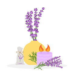 Lavender flowers in a yellow vase with a candle. Lavender fragrance for car.Vector illustration
