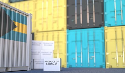 Box with PRODUCT OF BAHAMAS text and cargo containers. 3D rendering