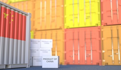 Box with PRODUCT OF CHINA text and cargo containers. 3D rendering
