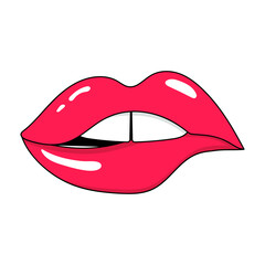 Sexy biting lips doodle icon. Red female lips isolated on white background. 