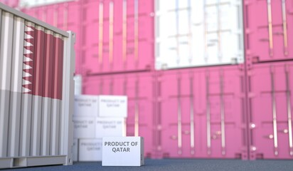 Box with PRODUCT OF QATAR text and cargo containers. 3D rendering