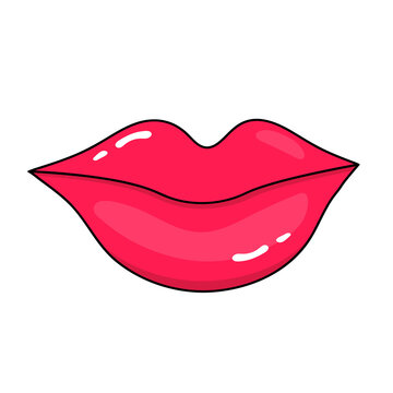 Sexy lips doodle icon. Red female smiling lips isolated on white background. Kiss.