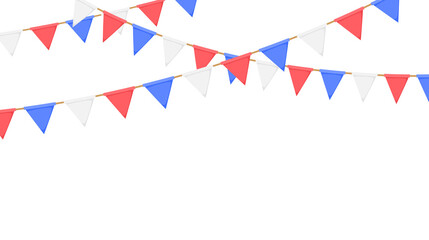 Flag garland. White, blue, red pennants chain. Party bunting decoration. Triangle celebration flags for event decor. Vector