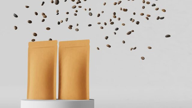 Paper pouch bags mockup falling coffee beans matte podium white background 3D animation 4K.Merchandise advertising packaging design Blank kraft sachet product template Cafe sale delivery demonstration