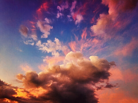 Fantastic sunset sky with unusual clouds. illustration