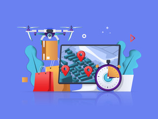 Delivery concept 3D illustration. Icon composition with computer with map for online tracking, flying drone carries parcels, fast shipping, courier delivery. Illustration for modern web design