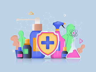 Medicine and health concept 3D illustration. Icon composition with healthcare and treatment in clinic, medicines in bottles, laboratory research of new cures. Illustration for modern web design