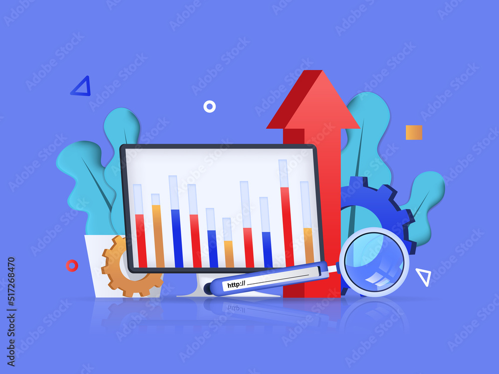 Aufkleber Seo optimization concept 3D illustration. Icon composition with keyword research on computer screen, web analytics, increase website traffic, seo marketing. Illustration for modern web design
