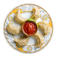 Indian food Momo with chicken and tomato sauce isolated on white background top view