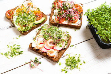 Varied breakfast, appetizer wholegrain bread sandwiches, toasters with cream cheese, radish,...