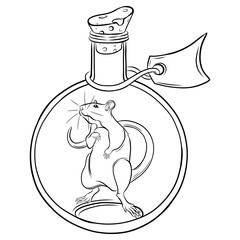Hand drawn rat in alchemycal glass bottle. Mystical magic creepy vector illustration on white background. Alchemy, occultusm. spirituality. Esoteric signs symbols. Tatoo. Animal spirit art