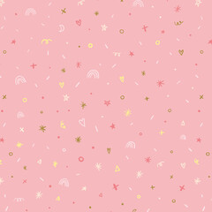 Stars, confetti and sparkle elements pink girly background illustration pattern.