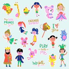 Dolls, princess, prince, play with me, king, fairy tale, toys, puppets, teddy bear, friends forever, kids cute children vector illustrations.