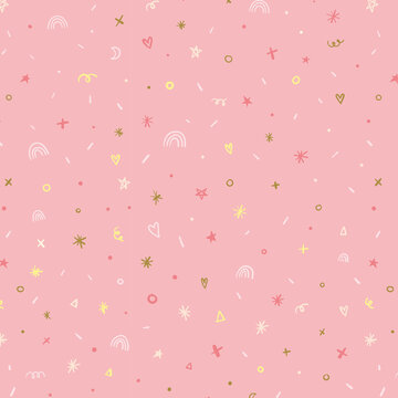 Stars, confetti and sparkle elements pink girly background illustration pattern.