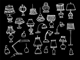 A set of lamps and floor lamps with doodles. Vector set of home lamps, floor lamps, chandeliers and table lamps with a pattern with lines and dots drawn in the style of a doodle with a white line on b