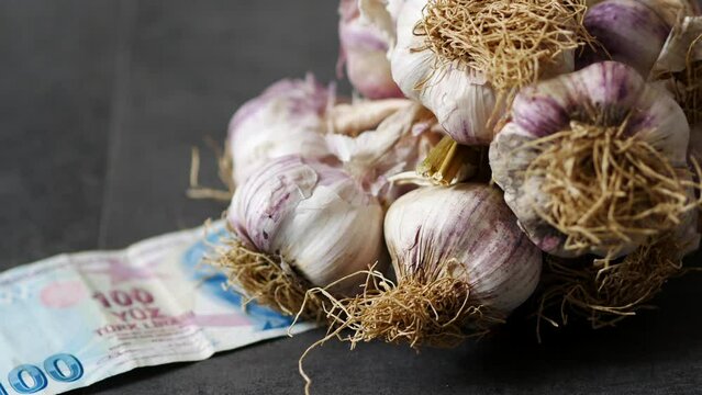 world garlic production, garlic cultivation, increase in garlic prices, 100 Turkish lira and a bunch of garlic standing side by side,