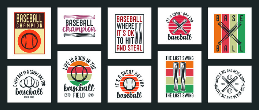 collection of ten vector baseball t-shirt design, baseball t-shirt design set, vintage baseball t-shirt design collection, typography baseball t-shirt collection, retro style vector t-shirt collection