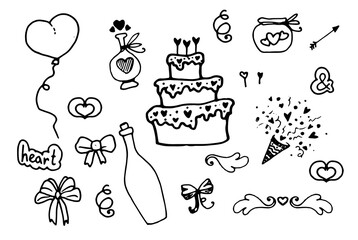 Vector set for a wedding. hand-drawn elements for romance and love in the style of a doodle of cake, champagne, hearts, arrows and balloons with an isolated black line on white for a design template f