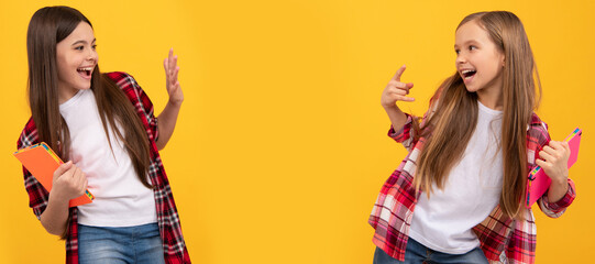 School girls friends. glad happy children in casual checkered shirt with copybooks, fun. Horizontal isolated poster of school girl student. Banner header portrait of schoolgirl copy space.
