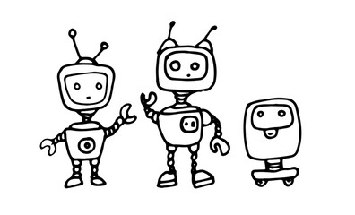 a set of robots in cartoon style. Hand-drawn funny robots in doodle style, with hands and on wheels with antennas, androids in black outline of color on white for a design template