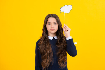 Portrait of concentrated teenager girl have school problems trouble thoughts decide choose solve...