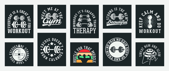 collection of ten vector gym t-shirt designs, gym t-shirt design set, vintage gym workout t-shirt design collection, typography gym workout t-shirt collection, retro style vector t-shirt collection