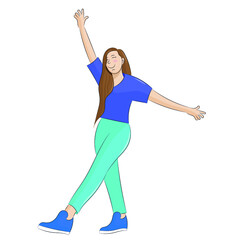 Portrait of a cartoon cute girl who stands on one leg with her hands raised up, flat vector, isolate on a white background