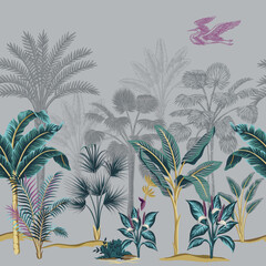 Tropical vintage landscape, trees, palms, bush floral seamless border. Jungle botanical mural.	