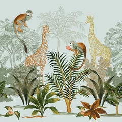 Foto op Aluminium Safari inkt getekende palmbomen, plant, giraf, aap dierlijke zomer bloemen naadloze grens. Afrikaanse botanische muurschildering. © good_mood