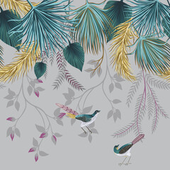 Fototapeta na wymiar Tropical vintage palm leaves, birds floral seamless border. Jungle botanical mural. 