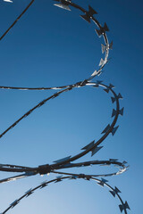 barbed wire against blue sky