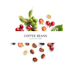 Creative layout made of red coffee beans on the white background. Flat lay. Food concept. Macro ...