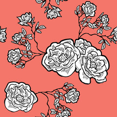 Roses with leaves pattern for fabric print, background decoration, paper ornament, wallpaper. Floral, garden, botanical, theme. Romantic, elegant hand drawn illustration. Vintage style vector drawing.