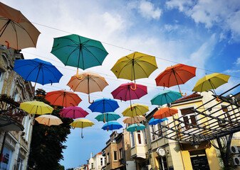 stretched umbrellas in a shopping street in Bulgaria