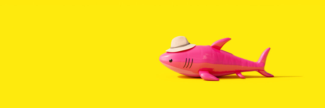 Inflatable pink shark with hat. Summer travel concept on yellow background 3D render 3D illustration
