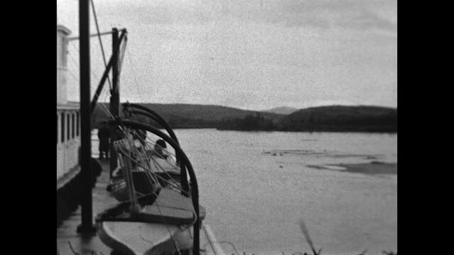 Riverboat Paddle Wheel 1936 - Views of a paddle wheel on a river boat as it turns on the Yukon River in 1936.