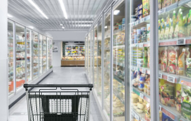 choosing a dairy products at supermarket.empty grocery cart in an empty supermarket
