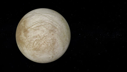 Jupiter's moon Europa with text space on the right. Realistic 3D render of Europa and stars. Europa in space.