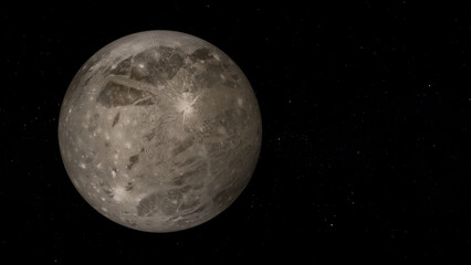 Jupiter's moon Ganymede with text space on the right. Realistic 3D render of Ganymede and stars. Ganymede in space.