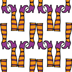 The pattern of the witch's feet. Seamless pattern, hand-drawn women's legs in the style of doodles, in orange stockings with purple stripe, purple pointed heels, on white for Halloween design template