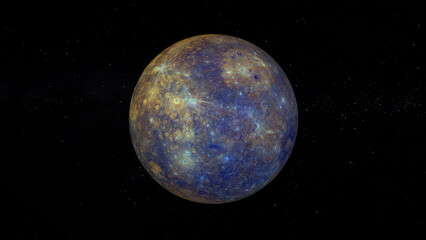 Planet Mercury with enhanced Color. Realistic 3D render of mercury and stars. Mercury in space. "Elements of this image are furnished by NASA."