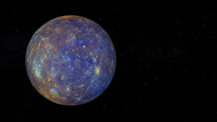 Planet Mercury with enhanced Color. Text space on the right. Realistic 3D render of mercury and stars. Mercury in space.