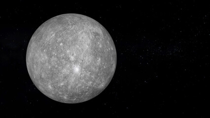 Planet Mercury with text space on the right. Realistic 3D render of mercury and stars. Mercury in space.