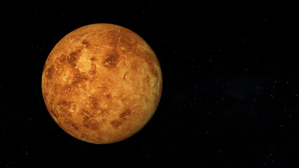 Venus surface without clouds. Title space on the right. Realistic 3D render of Venus and stars.