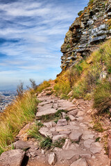 Mountain trails on Lions Head, Table Mountain National Park, Cape Town, South Africa. A famous landmark and hiking paradise for tourists and locals. Untouched terrain showing a natural wonder