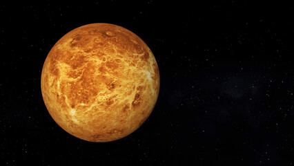 Venus surface without clouds. Text space on the right. Realistic 3D render of Venus and stars.