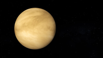 Planet Venus with text space on the right. Realistic 3D render of Venus and stars.